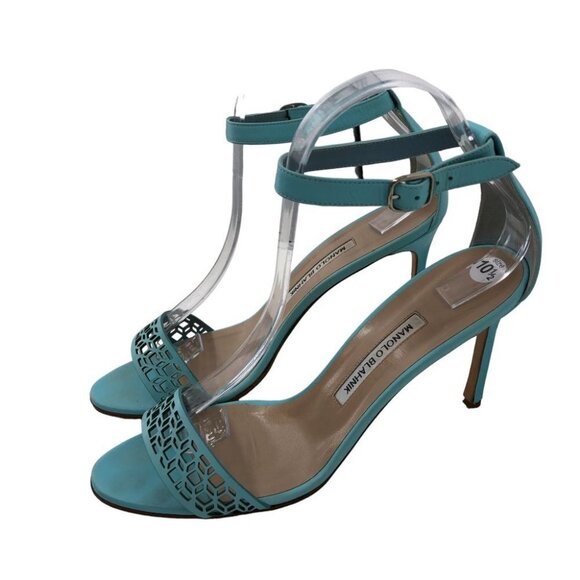 Manolo  Blahnik Maurila Turquoise Geometric Laser Cut Sandal Heels Leather 41 - Picture 2 of 16